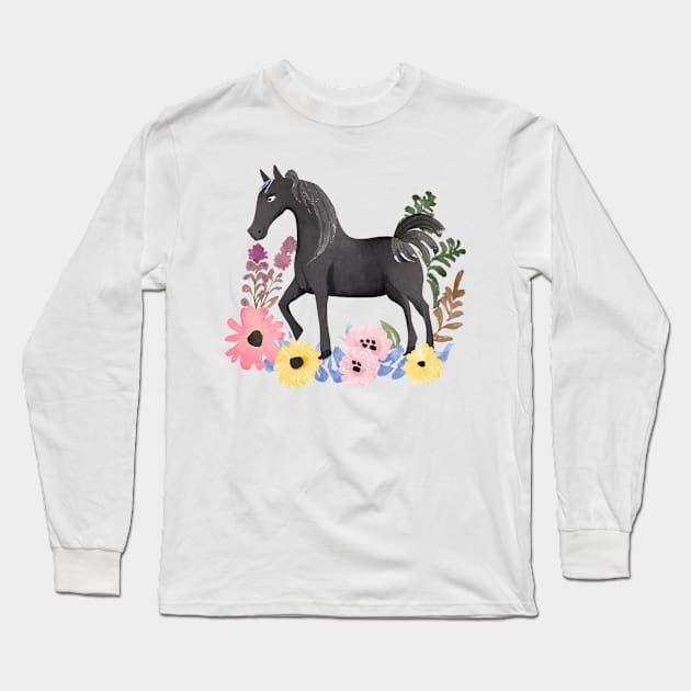 Black horse in watercolor Long Sleeve T-Shirt by A tone for life